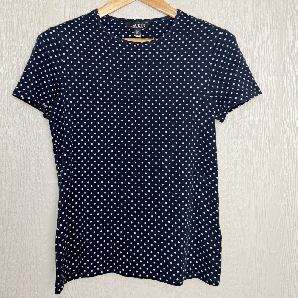 Lauren Ralph Lauren Navy Blue White Polka Dot Short Sleeve T-Shirt Large